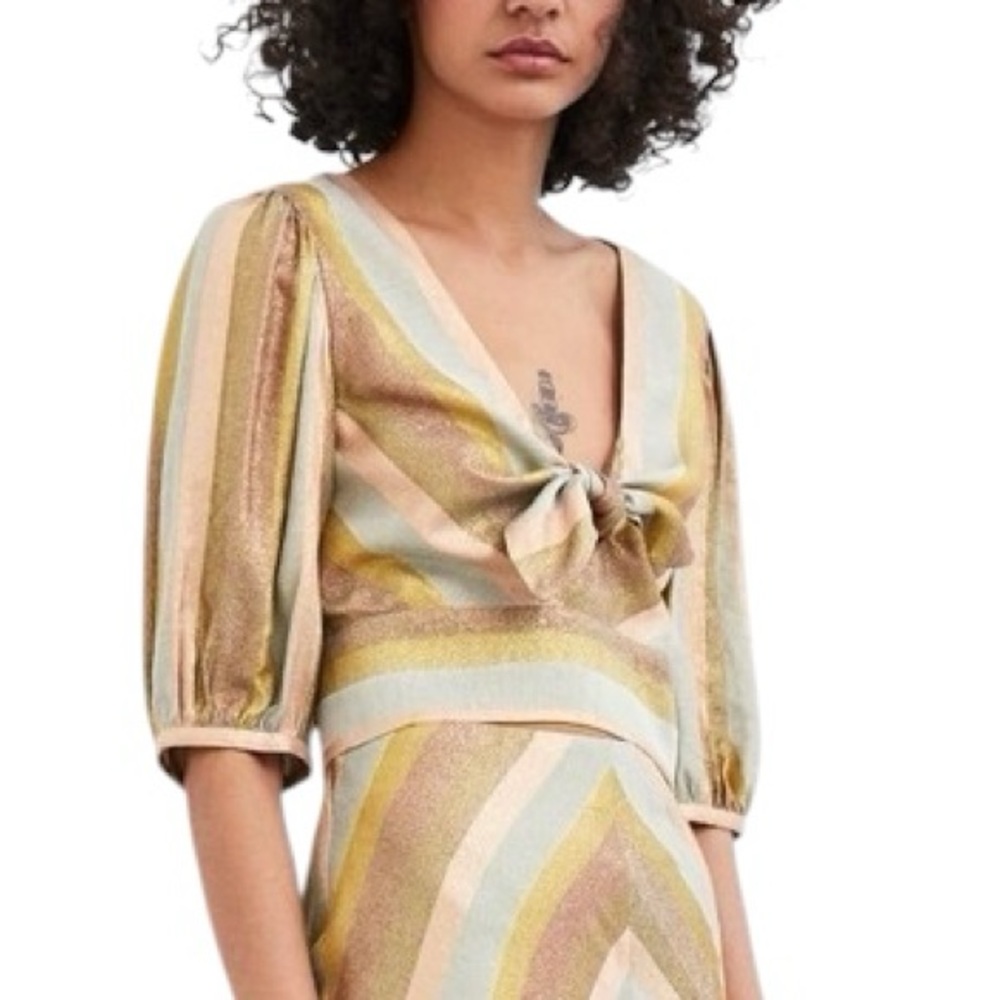 Zara Metallic Gold Striped Print Tie Front Cropped Top - M